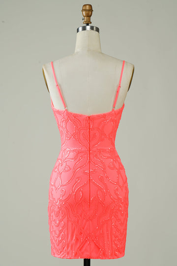 Spaghetti Straps Peach Glitter Tight Short Formal Dress